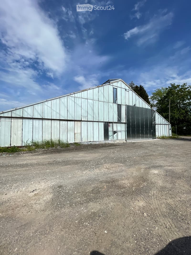 Large industrial building, white exterior, metal siding, large windows, open garage door, gravel parking lot, trees in the background