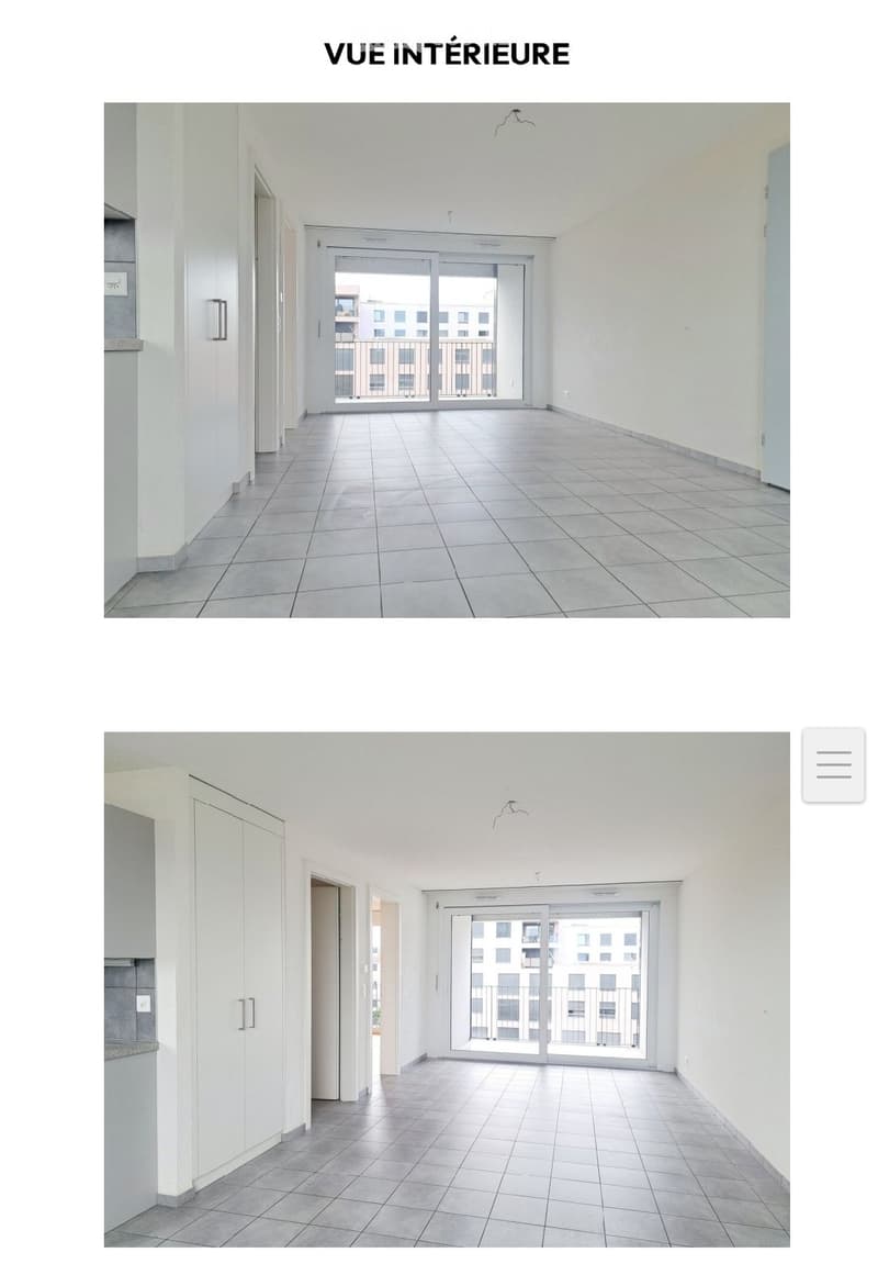 Empty room with sliding glass doors leading to a balcony, tiled floor, white walls, and a view of the outside buildings.