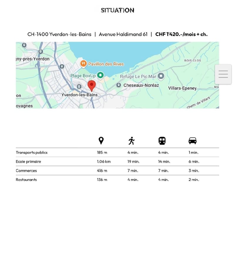 Map of Yverdon-les-Bains, showing distances and travel times to various points of interest.