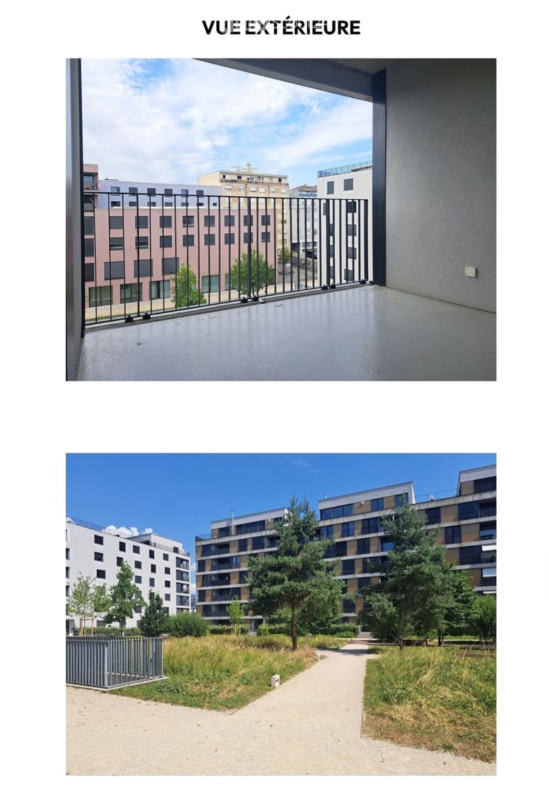 Balcony with railings, view of the city, modern buildings, trees, pathway, grass