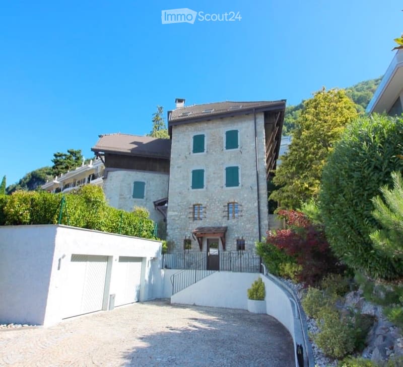 Stone house, 2 garages, driveway, garden, trees, mountain in the background