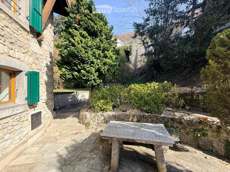 Stone wall, stone bench, green shutters, stone floor, trees, plants, bushes