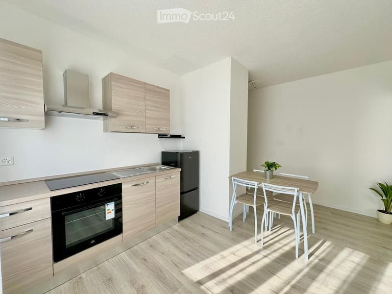 modern kitchen with wooden cabinets, black appliances, white dining table, potted plants