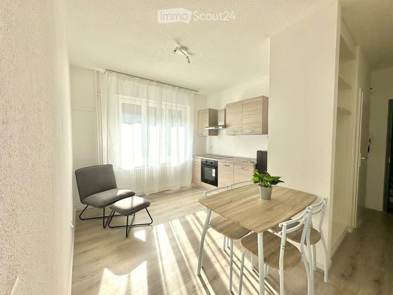 modern kitchen with dining area, wooden floor, white walls, white curtains, wooden table, chairs, potted plant, built-in cabinets, oven, microwave, sink, faucet