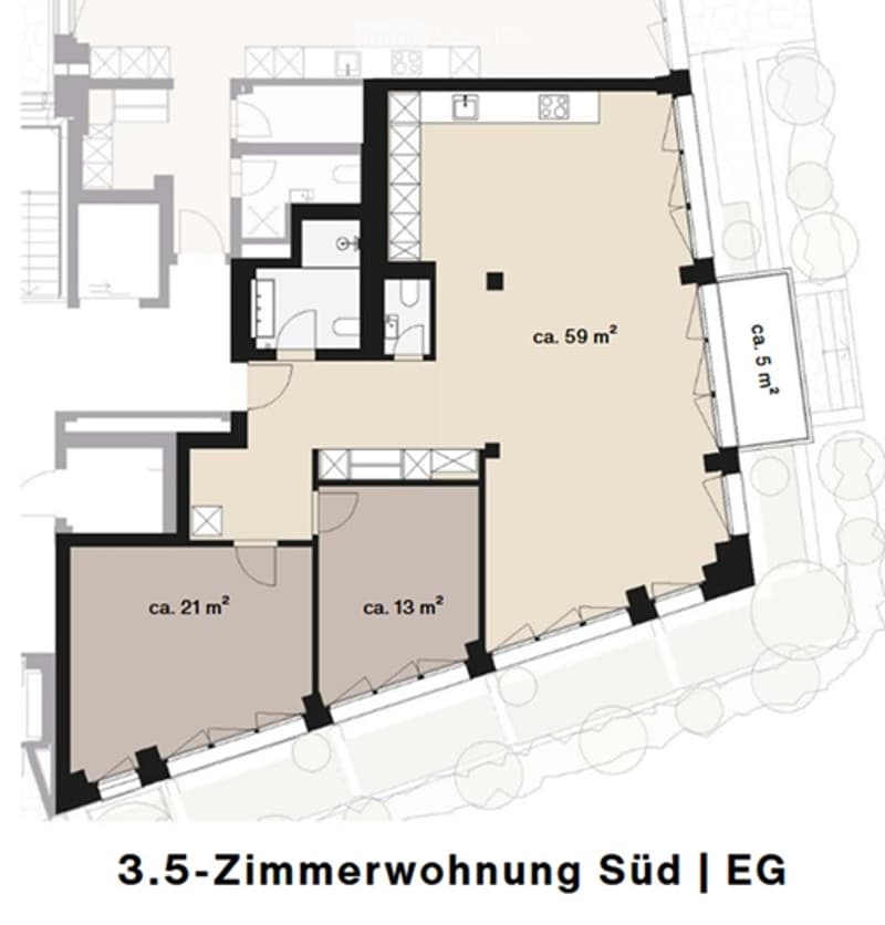 3.5-room apartment, south orientation, ground floor, living room, kitchen, 3 bedrooms, bathroom, storage room, terrace