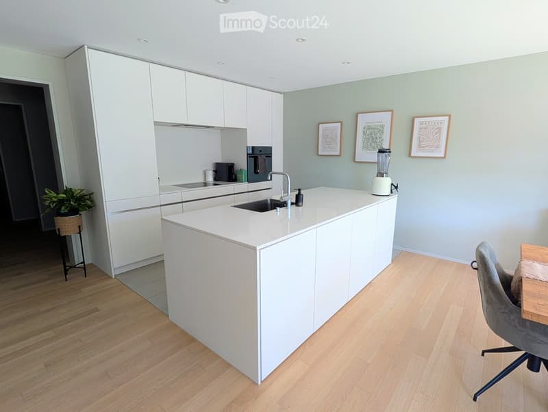 modern kitchen with white cabinets, island countertop, wooden floor, framed pictures on wall, potted plant, modern chair