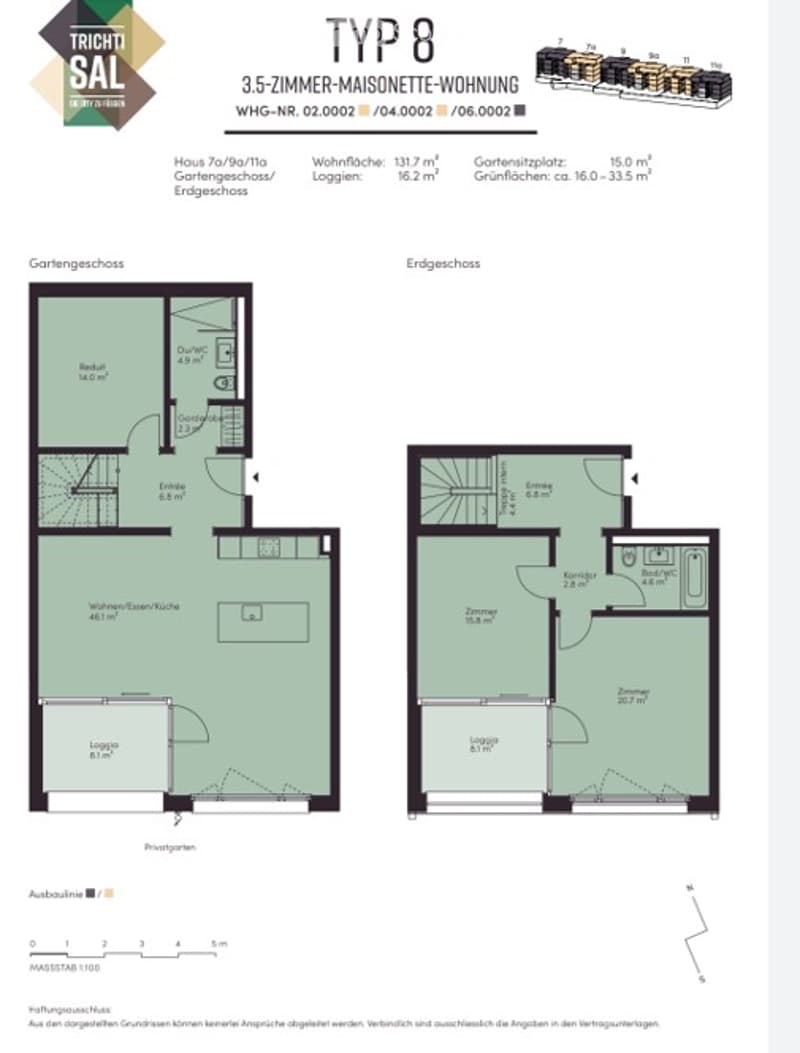 Floor plan of a 3.5 room maisonette apartment with living room, kitchen, 2 bedrooms, 2 bathrooms, and a balcony