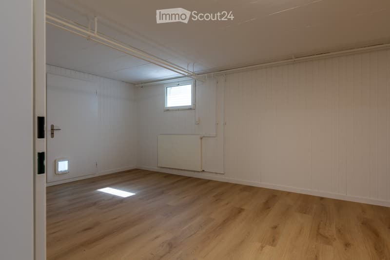 empty room, wooden floor, white walls, small window, radiator, door with cat flap