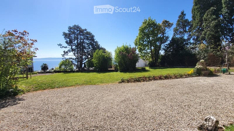 gravel driveway, green grass, trees, plants, sea view