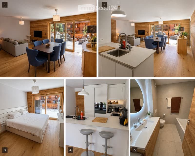 Bedroom with bed, bedside table, lamp, wardrobe, and chair. Living room with sofa, dining table, dining chairs, and TV. Kitchen with sink, faucet, cutting board, oven, microwave, and blender. Bathroom with toilet, bathtub, mirror, and towel rack.