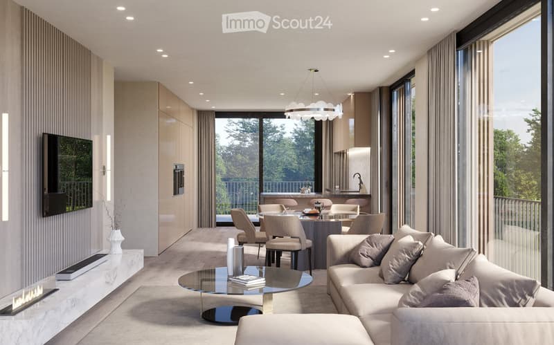 Modern living room with a large sofa, coffee table, dining table, and a view of the outside.