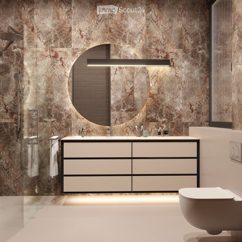 Modern bathroom with marble walls, large mirror, white vanity, and a glass shower enclosure.