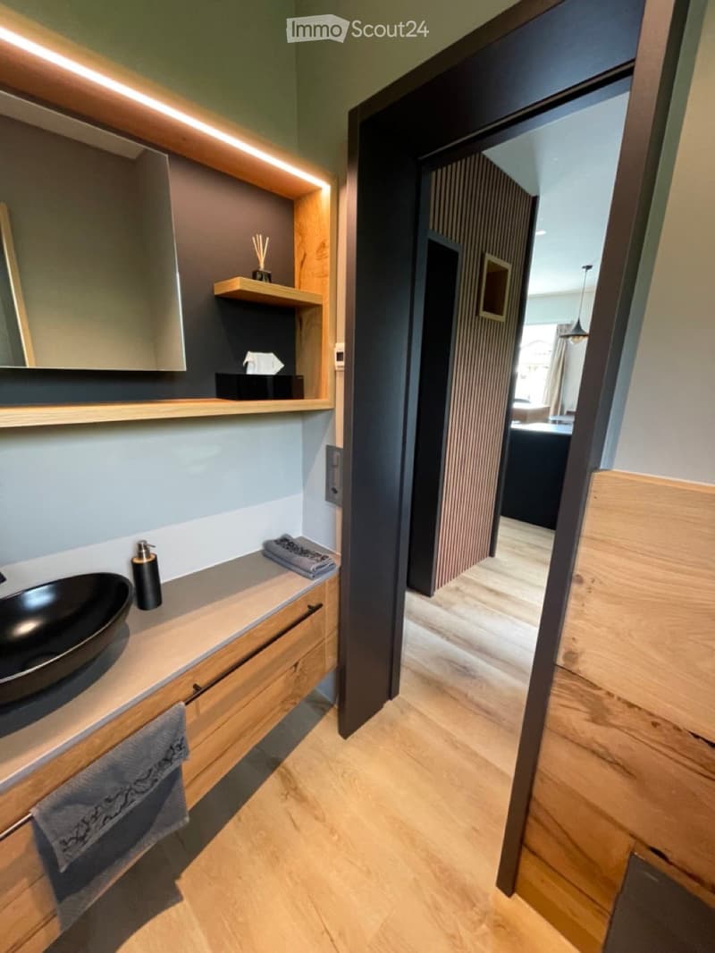 modern, open concept bathroom with walk-in shower, wooden cabinets, vanity with a black sink, towel rack, shelves