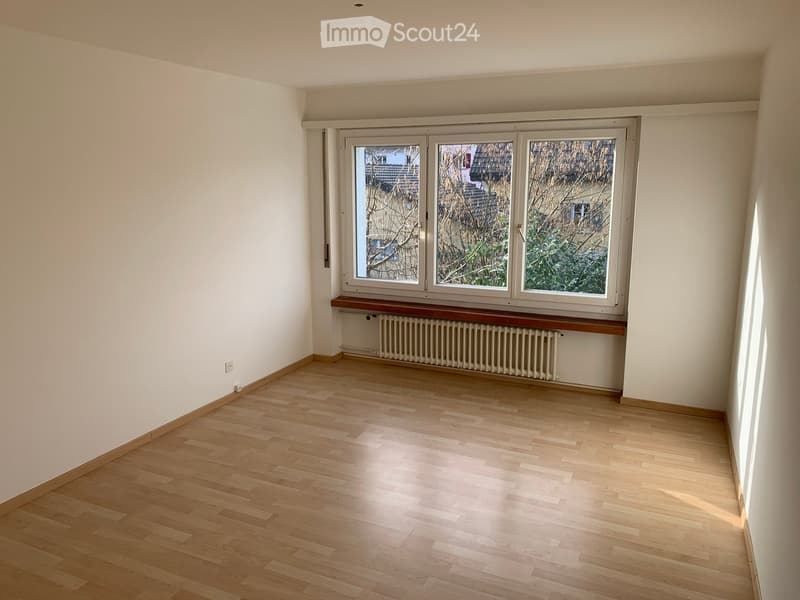 Empty room with white walls, wooden floor, and a large window with a window seat. There is a radiator below the window.