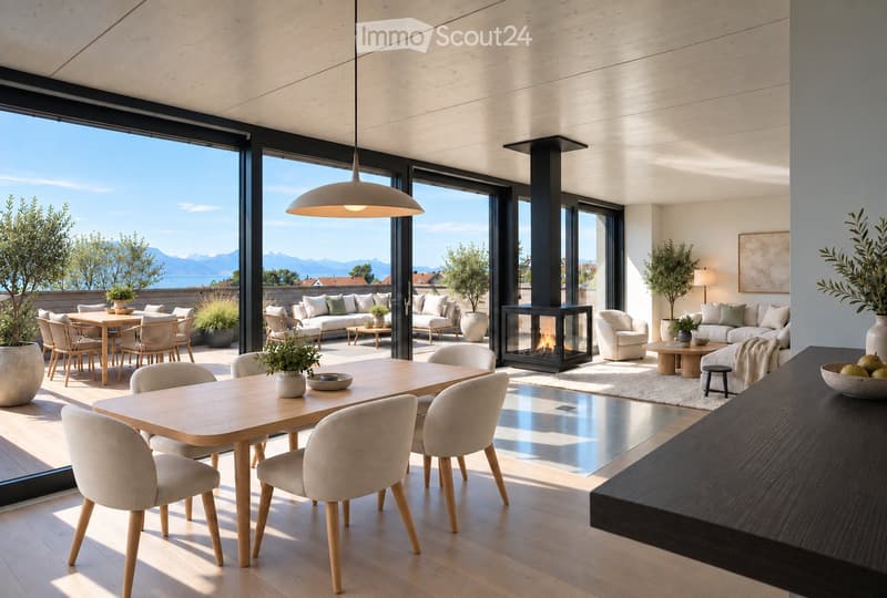 Modern, open-concept living and dining area with large windows offering a scenic view, featuring a dining table with chairs, a sofa, an armchair, a coffee table, a fireplace, pendant light, table lamp, and decorative plants.