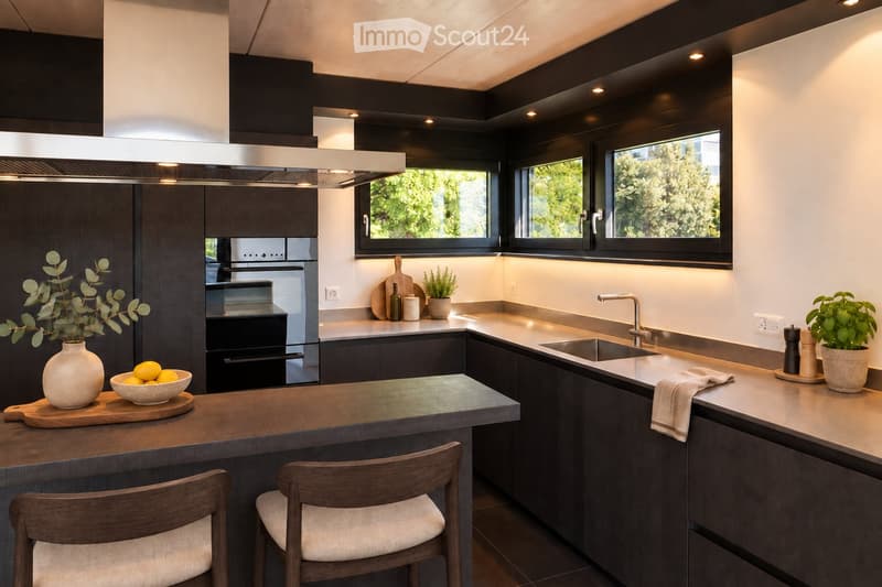 Modern kitchen with dark wood cabinets, stainless steel appliances, and a bar counter with two chairs. Features include a sink, faucet, oven, and decorative items such as a vase, bowl of lemons, and potted plants.