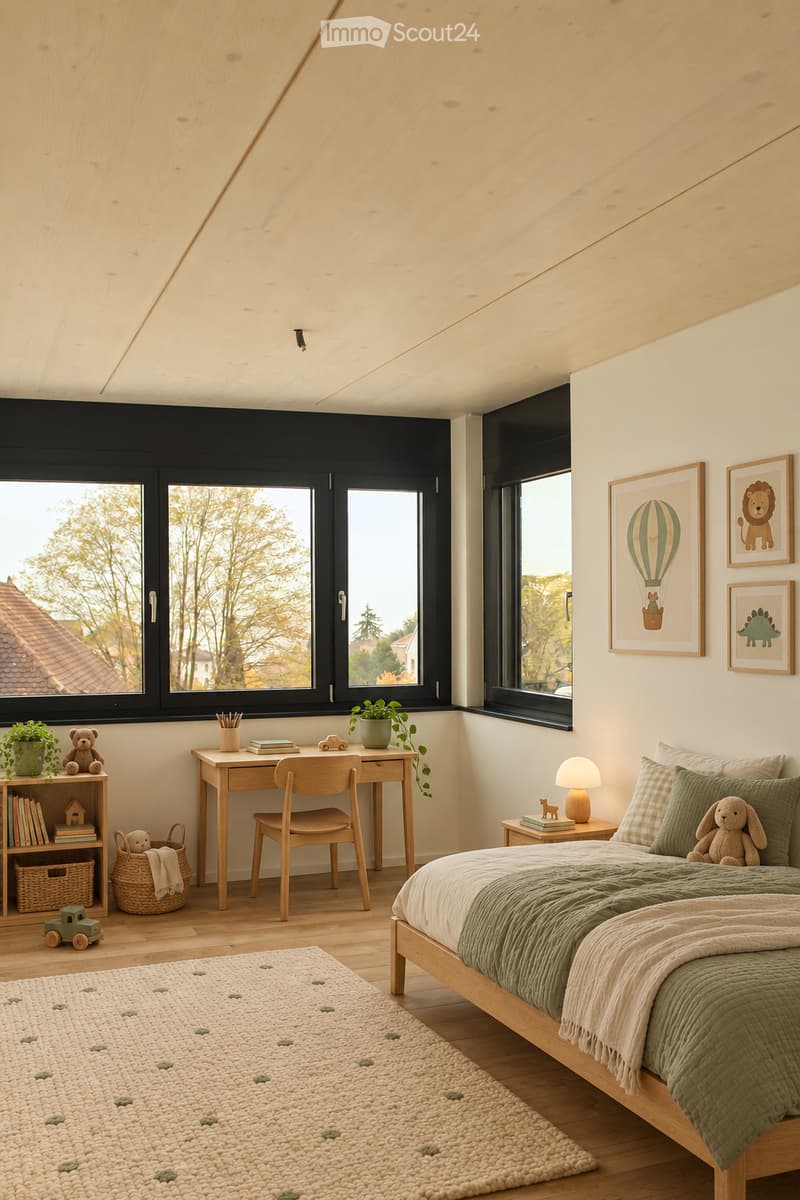 Bright, modern bedroom with wooden floors, large windows, a bed with green bedding, a desk with a chair, a nightstand with a lamp, a bookshelf, and decorative items including toys and artwork.