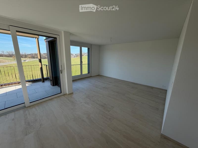 Empty room with wooden flooring, white walls, and large glass doors leading to a balcony with a metal railing. The room has a view of a grassy field.