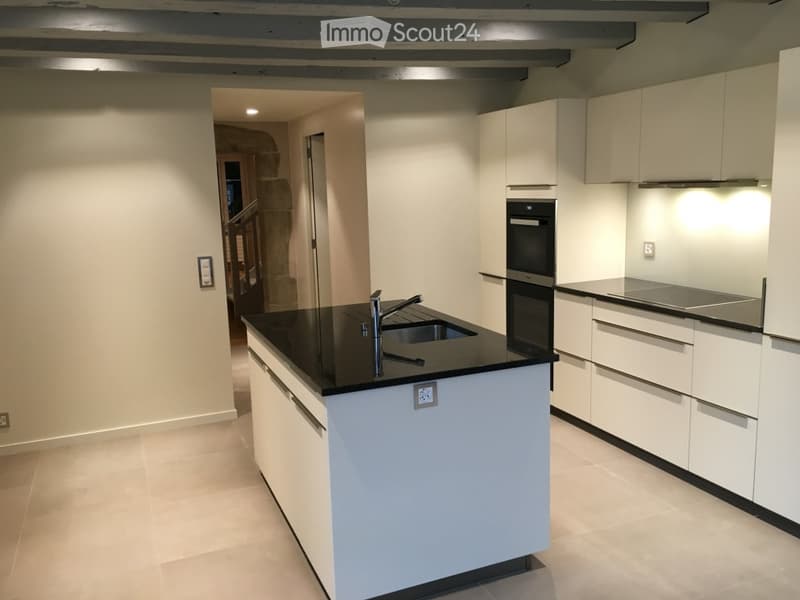 modern kitchen, white cabinets, black countertop, sink, faucet, oven, dishwasher, power outlets