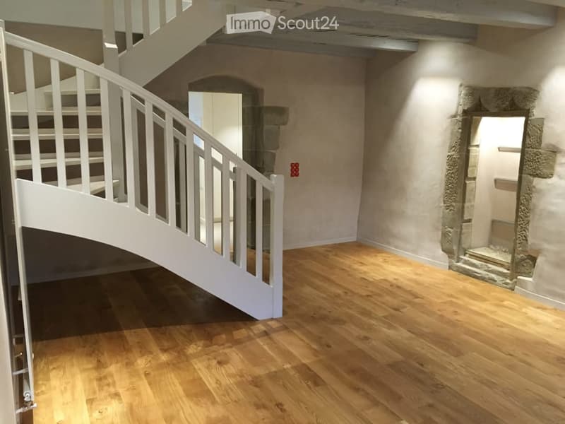 staircase, wooden floor, large room, door to basement