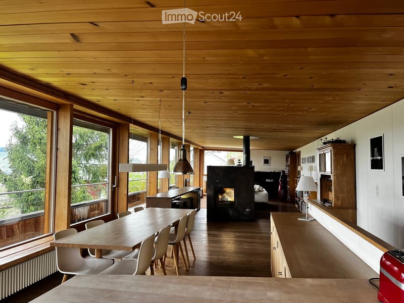 Open-plan living and dining area with wooden ceiling, large windows, dining table, chairs, fireplace, and kitchen counter.
