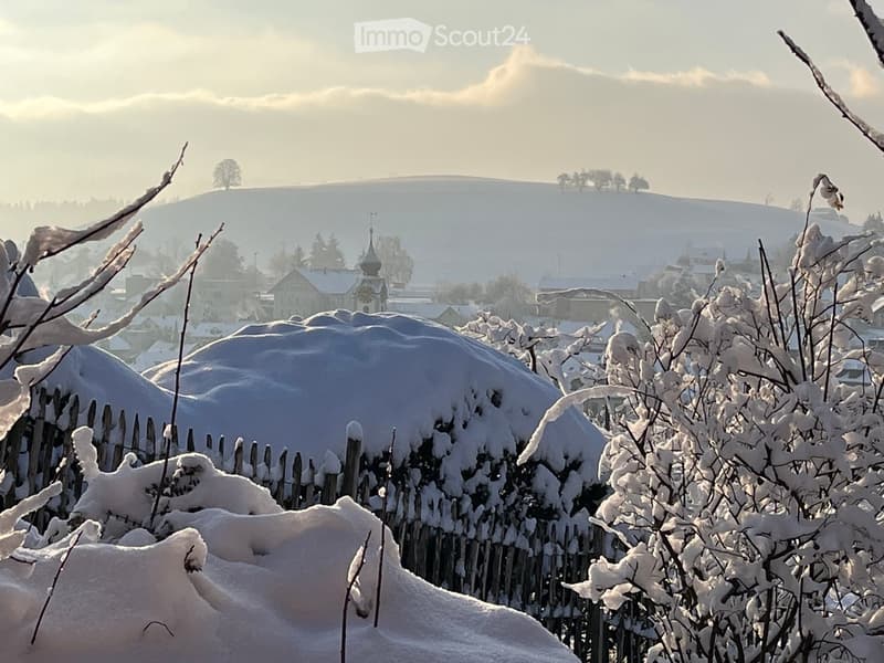 Snow-covered landscape with a wooden fence, trees, and a distant hill.
