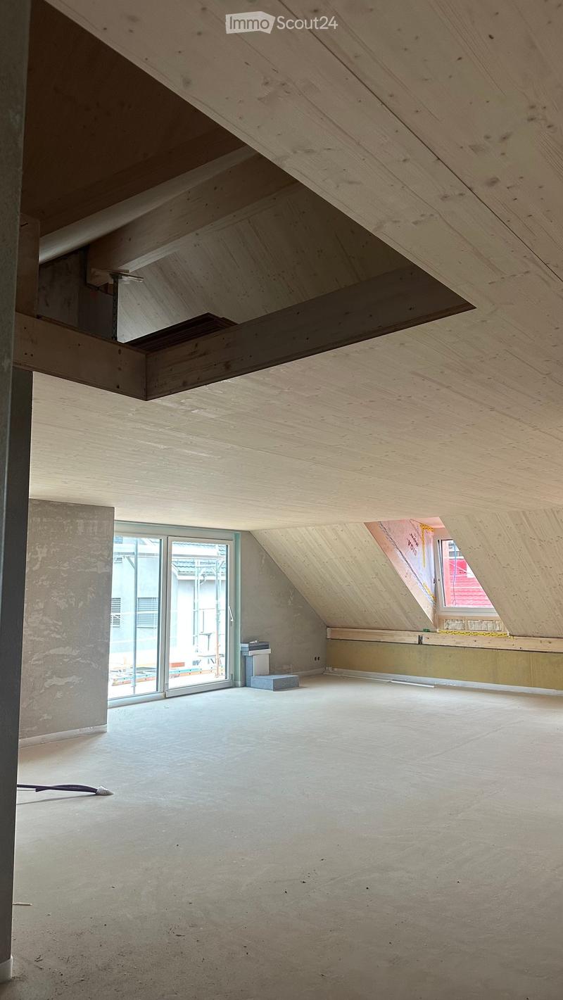 Empty attic space with wooden beams, concrete floor, and large skylight window. No furniture or equipment present.