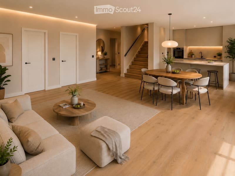 Furnished Room. Open-plan living and dining area with light wood flooring, a beige sofa, coffee table, ottoman, dining table with chairs, and a modern kitchen area with cabinets, island, and appliances.