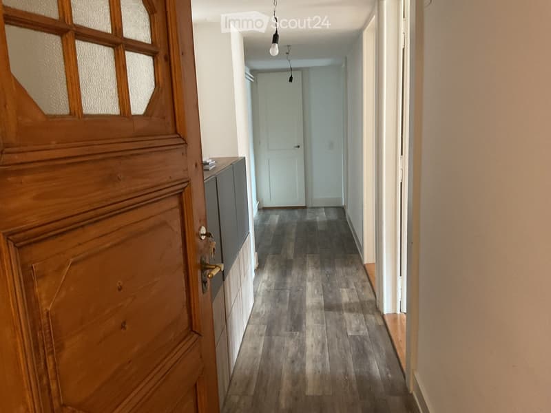 Corridor / Hallway. A narrow hallway with wooden flooring, white walls, and a wooden door with glass panels on the left. A small cabinet is visible next to the door, and a light fixture hangs from the ceiling.