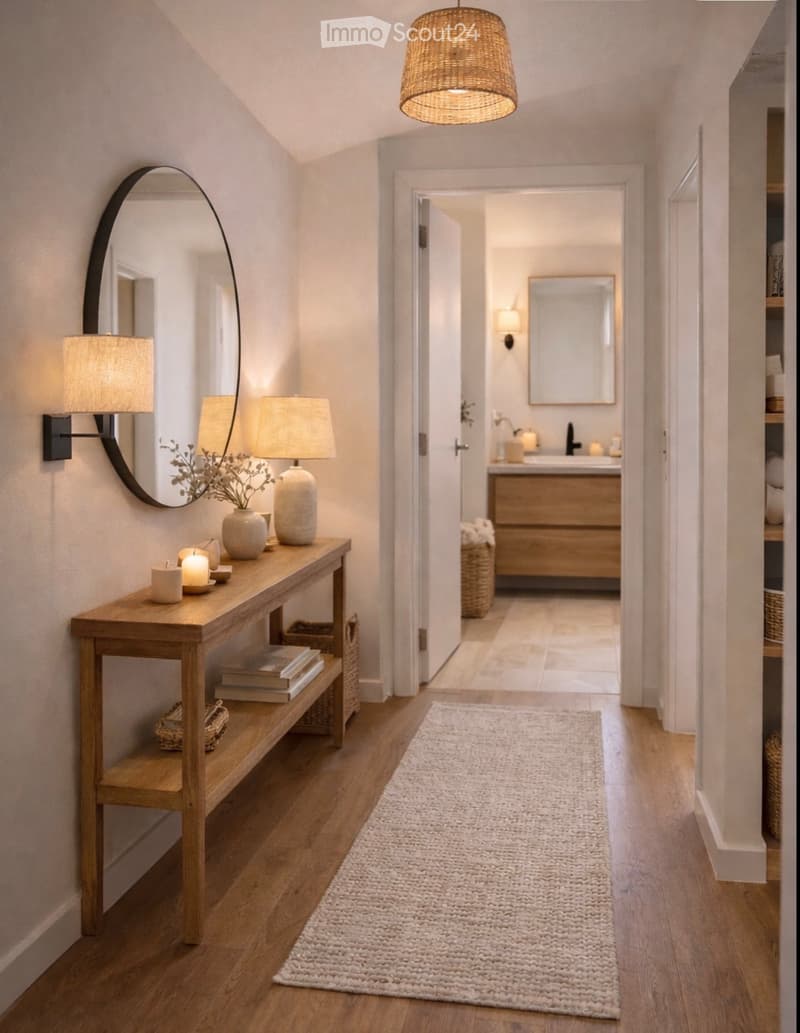 Corridor / Hallway. A modern hallway with wooden flooring, a white rug, a wooden console table with books, candles, and a vase, and a large round mirror on the wall. A pendant light hangs from the ceiling, and a bathroom is visible at the end of the hallw