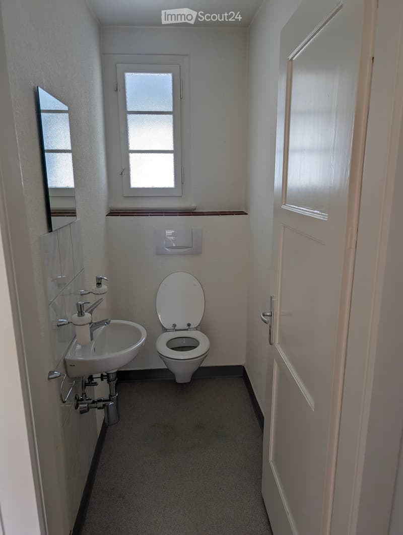 Small bathroom with toilet, sink, mirror, and window