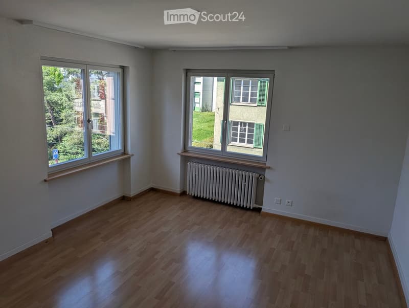empty room, wooden floor, white walls, two windows, white radiator