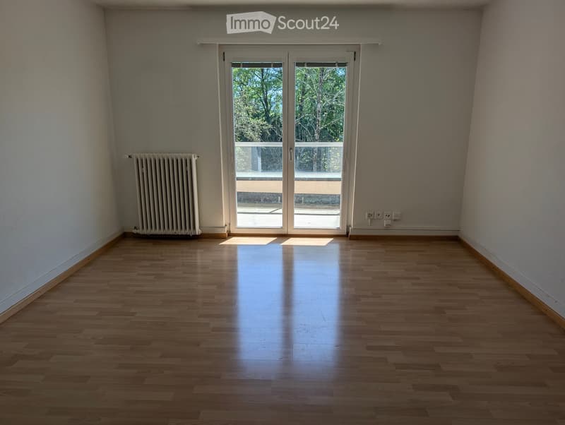 empty room, wooden floor, white walls, sliding glass doors, balcony, radiator, power outlets