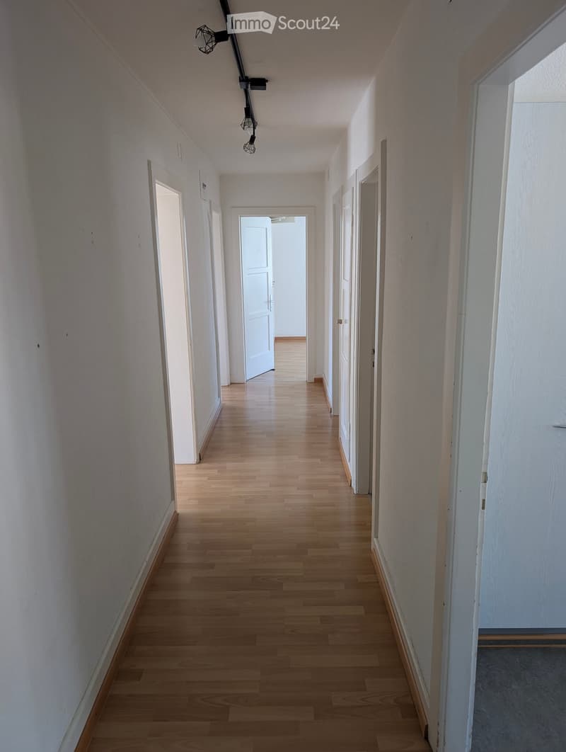 Empty hallway with wooden floors, white walls, and white doors.
