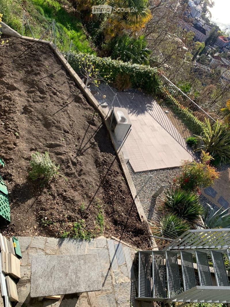 large outdoor garden with a paved area and plants, surrounded by a fence