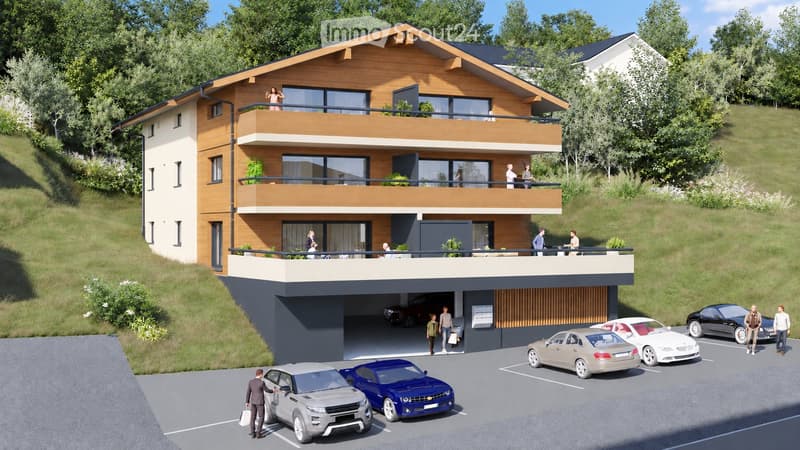 Modern two-story house with wooden facade, balconies, raised ground floor, garage, and parking area.