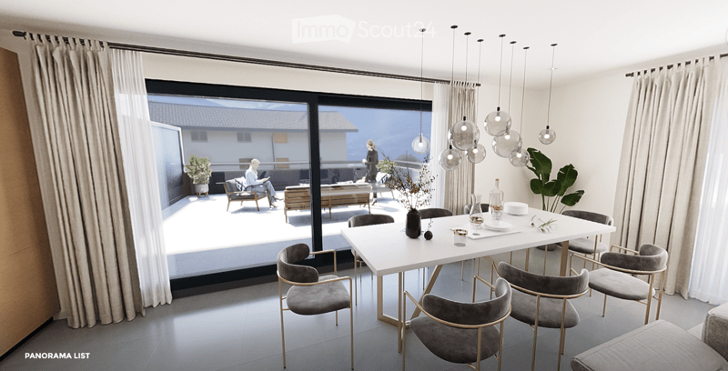 Modern dining area with a white dining table, grey upholstered chairs, pendant lights, large windows with curtains, and a view of a balcony with outdoor seating.