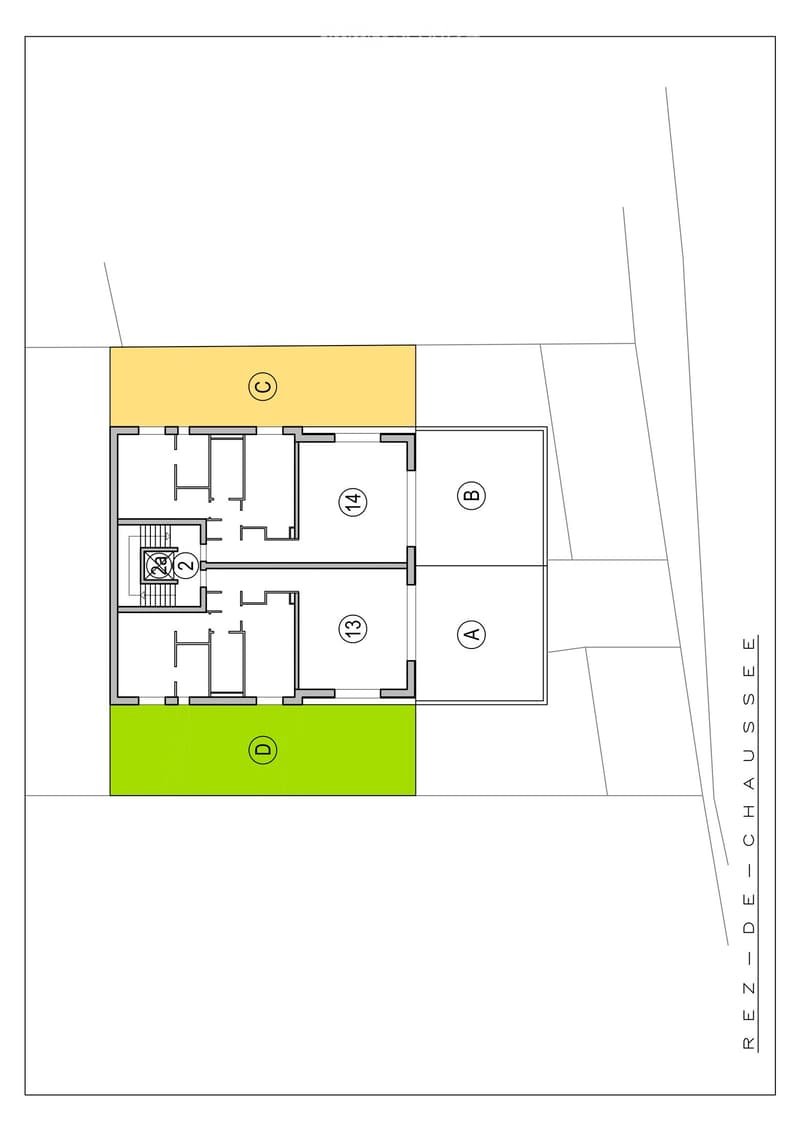 Floor plan of a house with labeled rooms: A, B, C, D, 13, 14, and2. Includes a staircase and a small enclosed area.