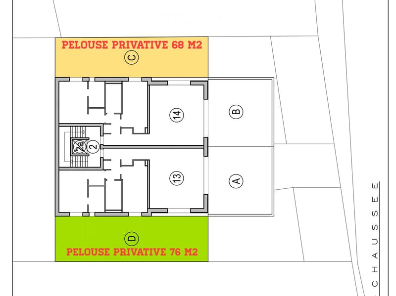 Floor plan of two private units labeled 'PELOUSE PRIVATIVE 68 M2' and 'PELOUSE PRIVATIVE 76 M2', showing multiple rooms and labeled sections A, B, C, D, and E.