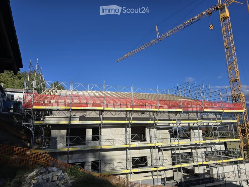 Building under construction with scaffolding, cranes, and a partially covered roof.