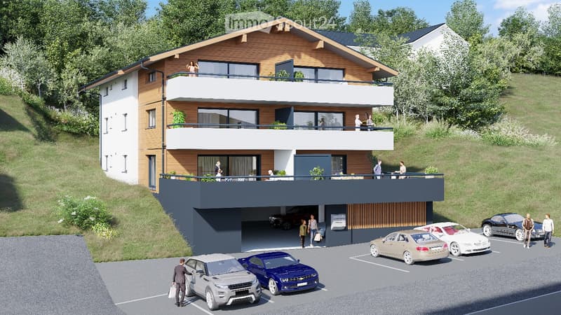 Modern two-story house with balconies, garage, and parking area. The house features a combination of wood and white exterior finishes, with multiple balconies and a raised ground floor.