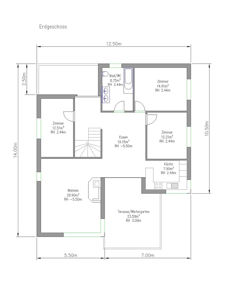Ground floor layout showing living room, dining area, kitchen, bedroom, bathroom, and terrace/winter garden.