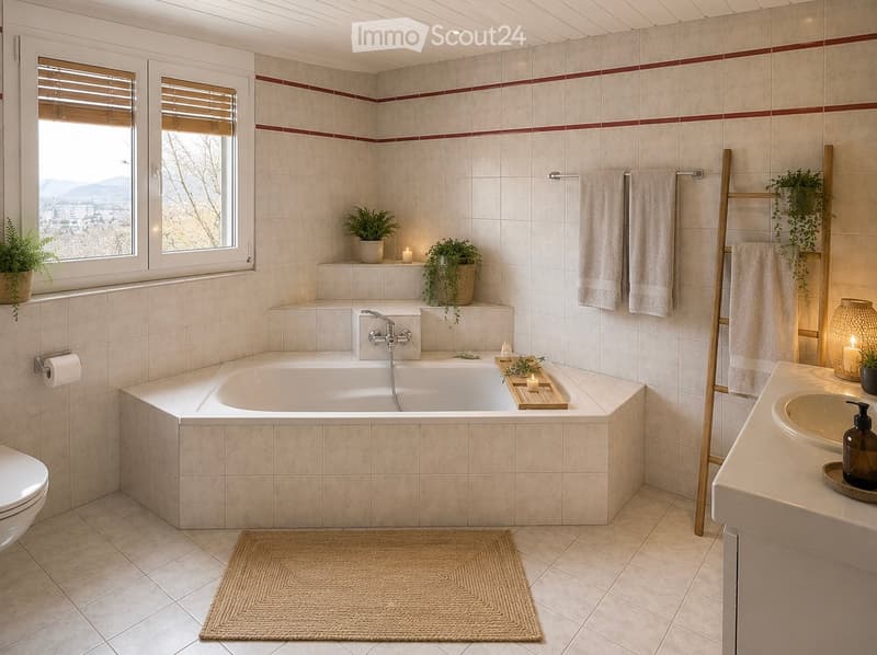 Modern bathroom with a large bathtub, toilet, sink, towel rack, and decorative plants. Features a view through large windows.