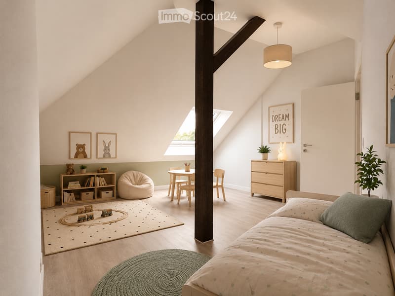 Cozy attic bedroom with slanted ceilings, wooden floors, and modern decor. Features a bed, nightstand, small table and chairs, bookshelf, toy train set, and decorative plants.