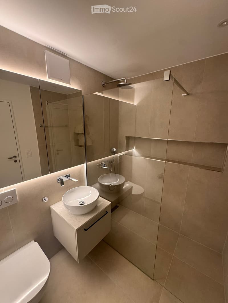 Modern bathroom with two sinks, a toilet, a large mirror, and a glass-enclosed shower area.