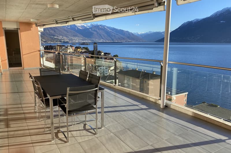 modern furniture, panoramic view, tiled flooring, metal railings