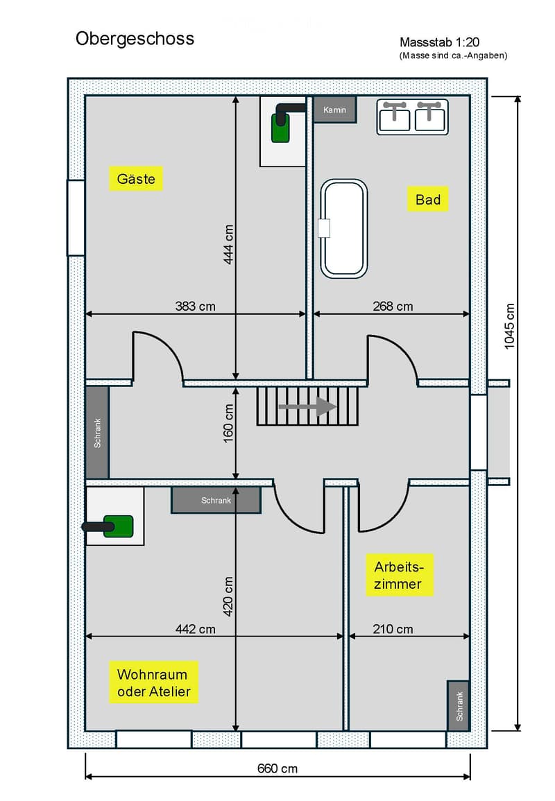 Floor Plan. Floor plan of the upper floor showing a guest room, bathroom, living room/office, work room, and fireplace.