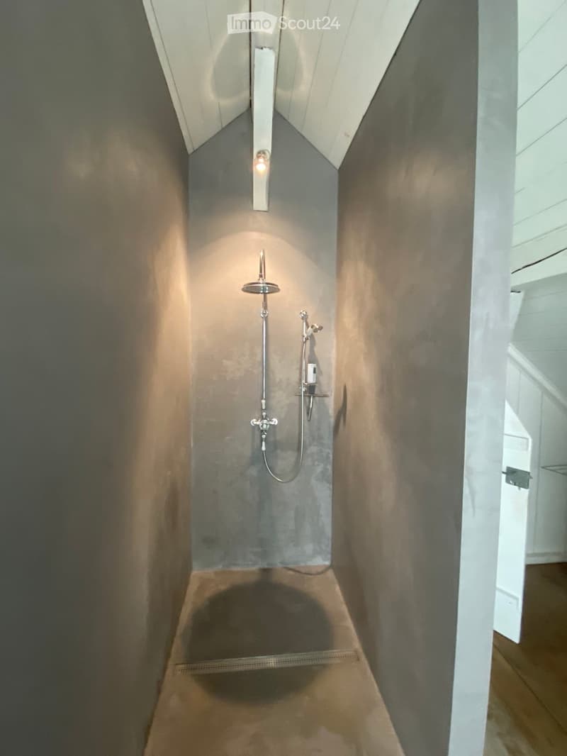 Bathroom. Modern shower area with a sleek, minimalist design, featuring a single showerhead, a handheld sprayer, and a built-in light fixture.