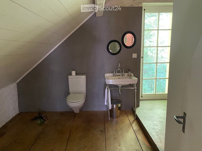 Bathroom. Bathroom with wooden floor, grey walls, white toilet, sink with chrome faucet, two round mirrors, towel, and trash can.