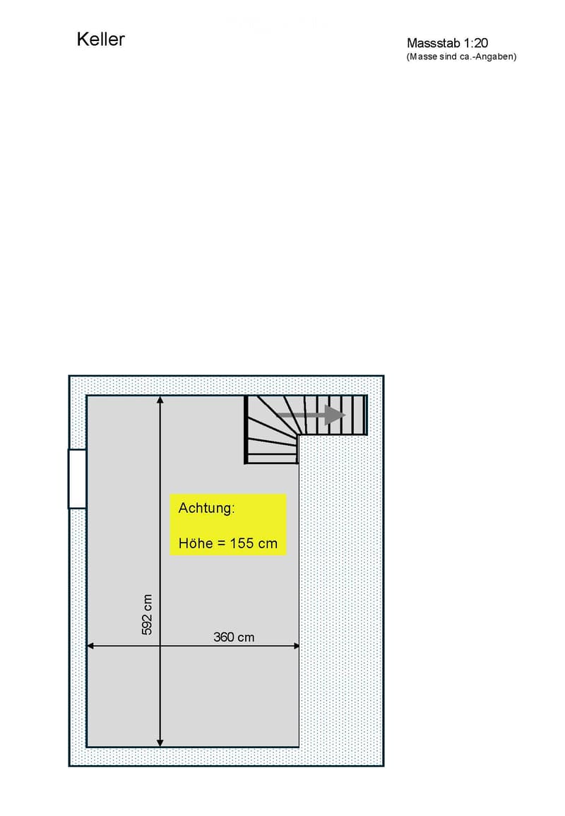 Floor Plan. Floor plan of a basement (Keller) showing dimensions: 592 cm height, 360 cm width, and a noted height of 155 cm in a highlighted area. Includes a small section with an arrow and a scale of 1:20.